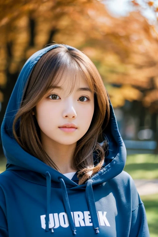 Girl in black hoodie, Japanese, pretty sister, brown hair color, semi-long hair, looking at camera, under blue sky, in park square