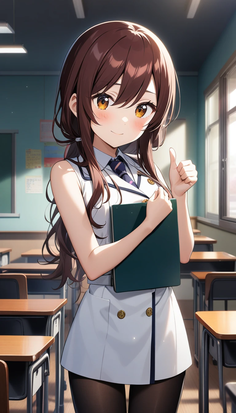 1girl, osaki_amana, osaki_tenka, black hair, shiny_colors, blush, sleeveless, bare shoulder, warm glow, official art, half-closed_eyes, looking at viewer, medium breasts, from front view, complex_background, , thumbs-up, black , black pantyhose, white uniform, school, indoor, class room