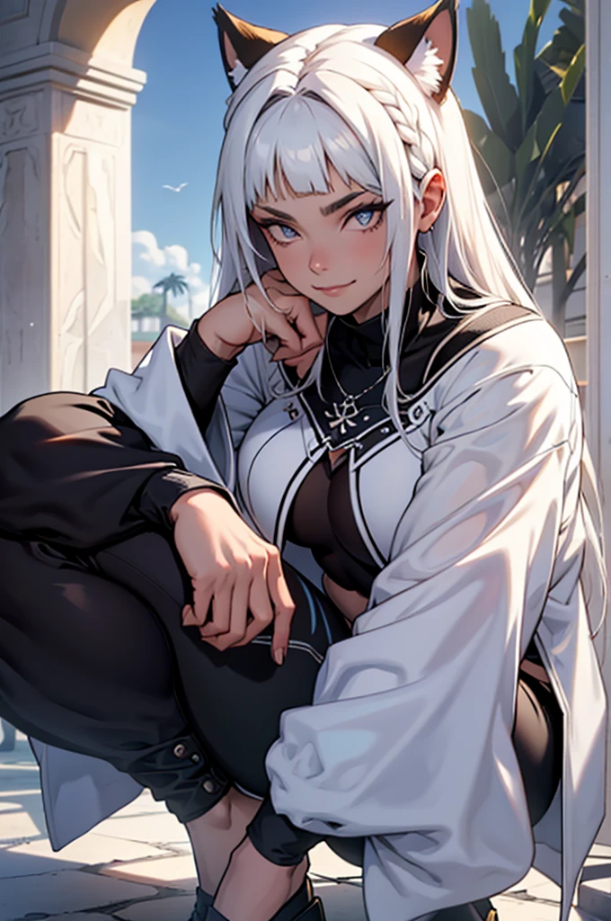 beautiful young warrior with cat ears on her head, com rosto bem detalhado e bonito, belos olhos, belos olhos, rosto lindo, mulher jovem e bonita vestindo leggings longas marrons com detalhes pretos, sueter apertado branco, parado em um castelo, usando bota preta, cabelo comprido com franja preto, ,orelhas de gato, belo sorriso, moleca, um pouco musculosa,suter branco com cinta em volta, olhar serio,usando jaqueta de couro apertado preto, com ombreiras de prata nos ombros