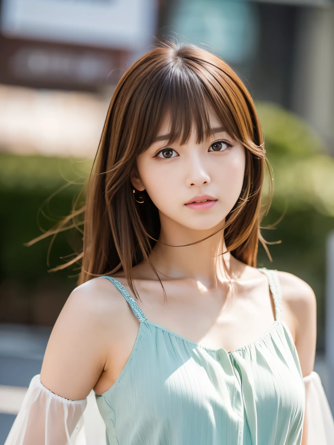 Ultra High Definition, Superior Quality, Premier Quality, ultra detailed, Photorealistic, 8k, RAW Photos, highest quality, masterpiece, Attractive girl, Stunning girl, Brown Hair, Shoulder Length Layered, asymmetrical bangs, Japanese Idol, Sophisticated, Stylish, embarrassed, blouse, Shibuya, 