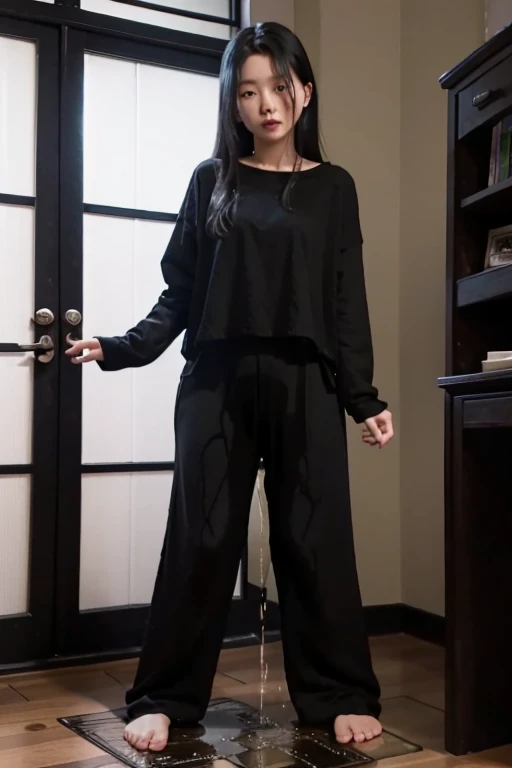 Japanese Girl sees the ghost and pees her black palazzo pants until her pants are wet in fright.