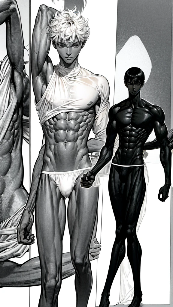 a very skinny black boy with short hair, his body is thin and he is wearing only white underwear sleeve line art sleeve panels