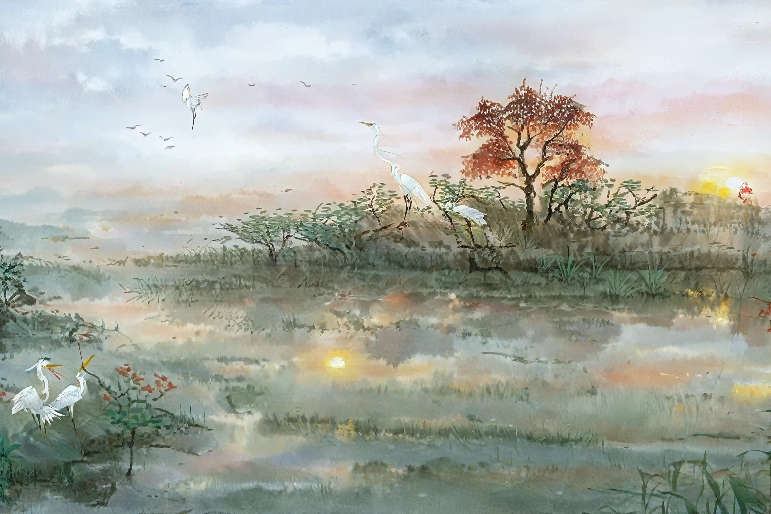 This is a freehand painting in the style of Wang Xuetao,high quality,Ultra Detail,masterpiece,Big scene,egret,egret,Southern Girl,Red Umbrella,Sunset light,((Sunset light)),Exterior,8k,Rice paper,Graininess