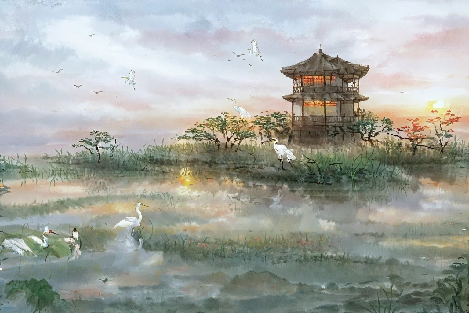 This is a freehand painting in the style of Wang Xuetao,high quality,Ultra Detail,masterpiece,Big scene,egret,egret,Southern Girl,Red Umbrella,Sunset light,((Sunset light)),Exterior,8k,Rice paper,Graininess