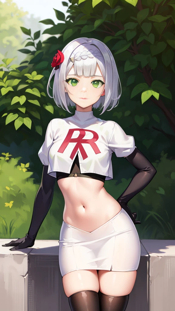 genshinnoelle, noelle, braid, flower, hair flower, hair ornament, short hair, silver hair, (green eyes:1.5), team rocket, team rocket uniform, white skirt, red letter R, crop top, black thigh-highs,black elbow gloves
