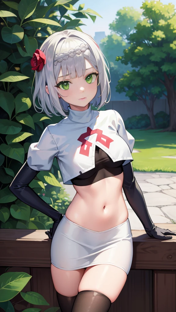 genshinnoelle, noelle, braid, flower, hair flower, hair ornament, short hair, silver hair, (green eyes:1.5), team rocket, team rocket uniform, white skirt, red letter R, crop top, black thigh-highs,black elbow gloves