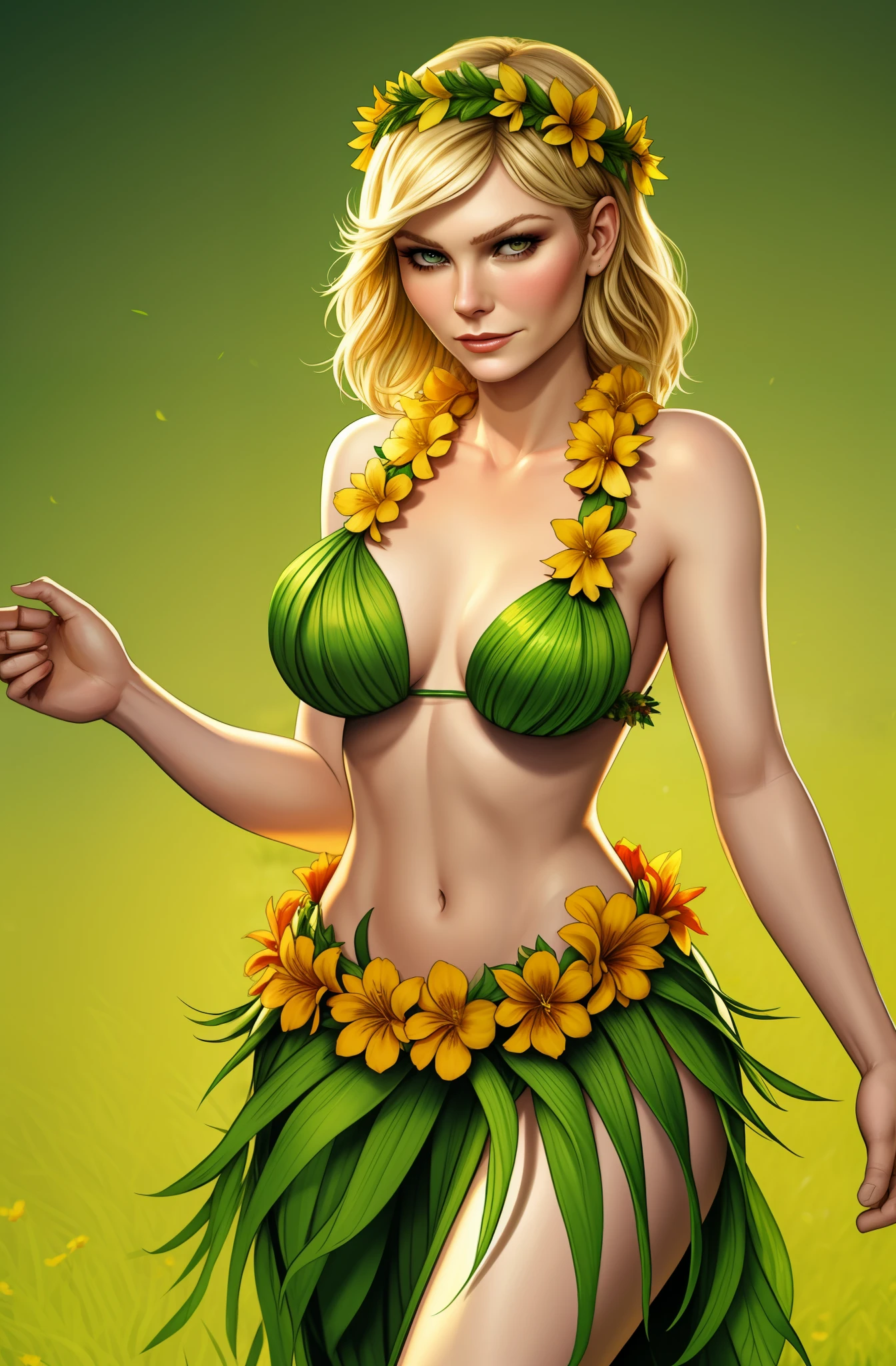 Kirsten Dunst wearing a garland of flowers, girl wearing a lei, grass skirt, slight smile, seductive