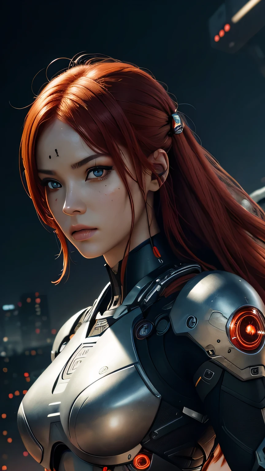 cyborg girl, smooth beautiful eyes, battle field, close look, red hair, masterpiece, realistic digital, abstract background, global illumination, intricate, epic, dramatic, masterpiece, high detail, best quality, ultra high res
