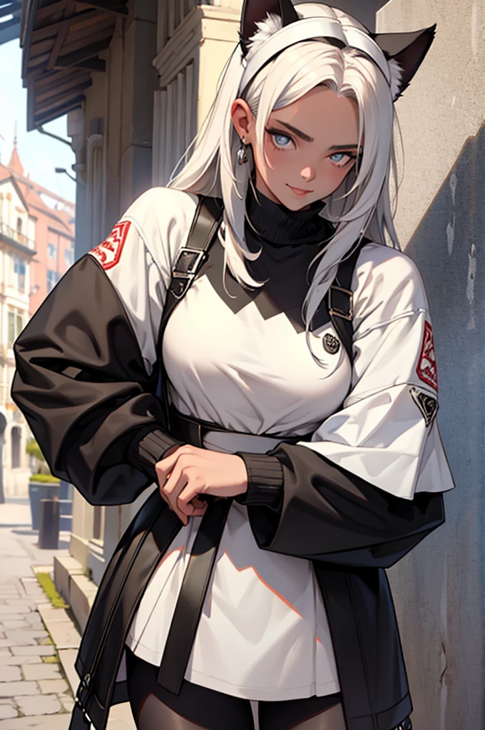 beautiful young warrior with cat ears on her head, com rosto bem detalhado e bonito, belos olhos, belos olhos, rosto lindo, mulher jovem e bonita vestindo leggings longas marrons com detalhes pretos, sueter apertado branco, parado em um castelo, usando bota preta, cabelo comprido com franja preto, ,orelhas de gato, belo sorriso, moleca, um pouco musculosa,suter branco com cinta em volta, olhar serio,usando jaqueta de couro apertado preto, com ombreiras de prata nos ombros