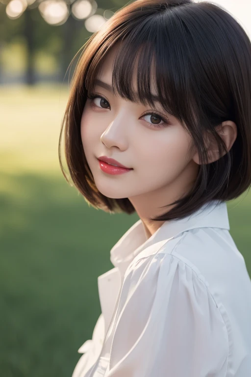 masterpiece, highest quality, High resolution, Calm 1, 1 girl, Skin gloss, Gentle appearance, Pale red lips, Light tracing effect, Japanese, Deep brown eyes, Very natural hair, Black Hair, Thin bangs, The face is depicted in detail, Realistic light and shadow effects, Big Eyes, Highly realistic face, The background is blue sky, Blushing, Natural Makeup, Gazing at the crowd, Wearing a white collared shirt, Ultra-high image quality in 8K, slightly disheveled hair, Bob Hair, Realistic Painting, Realistic portrayal, double eyelid, Clothing with real fabric texture, Dark Eyes, Graceful features, Extremely realistic skin, smile,grass, breast enhancement