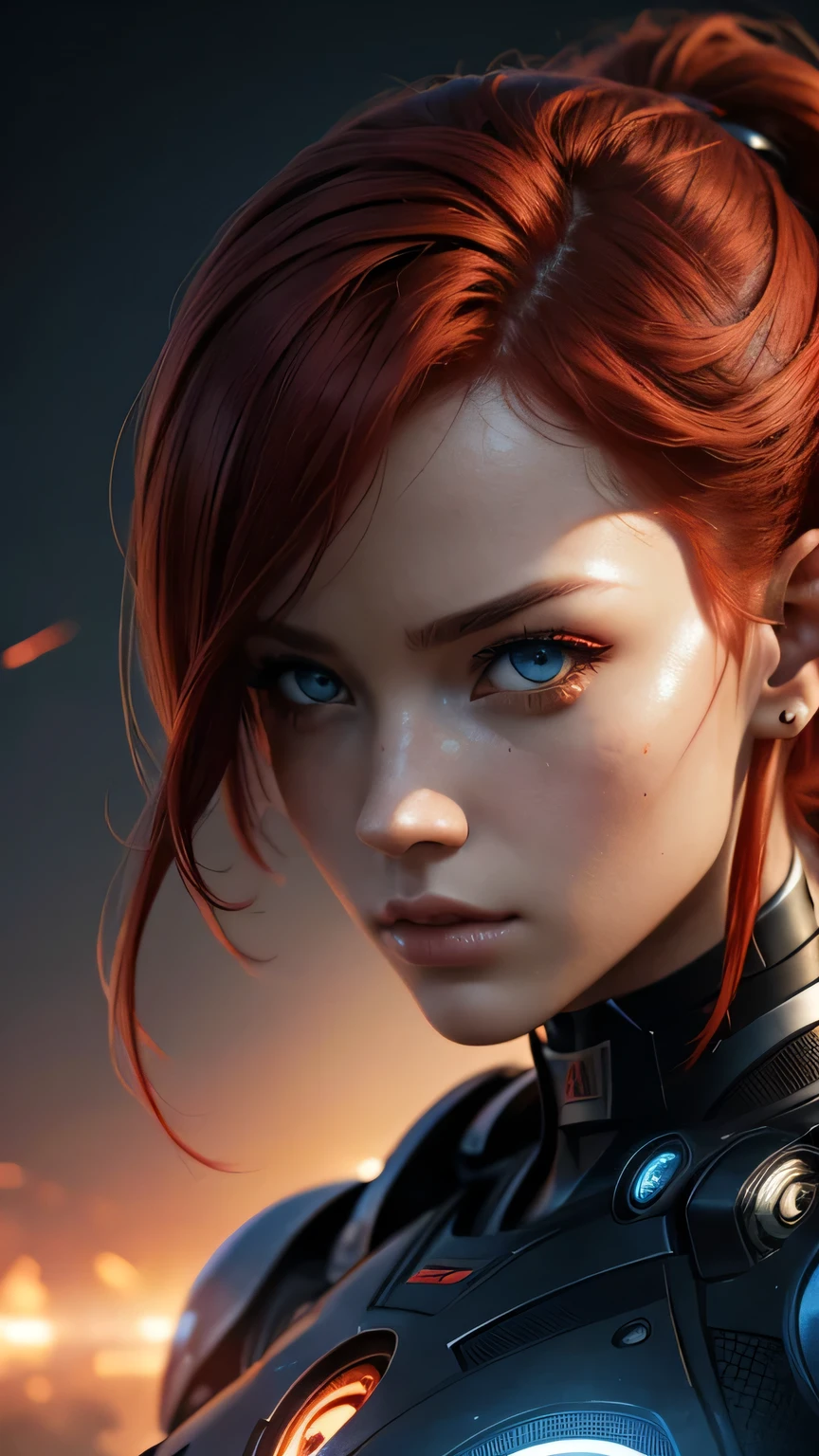 cyborg girl, smooth beautiful eyes, battle field, close look, red hair, masterpiece, realistic digital, abstract background, global illumination, intricate, epic, dramatic, masterpiece, high detail, best quality, ultra high res
