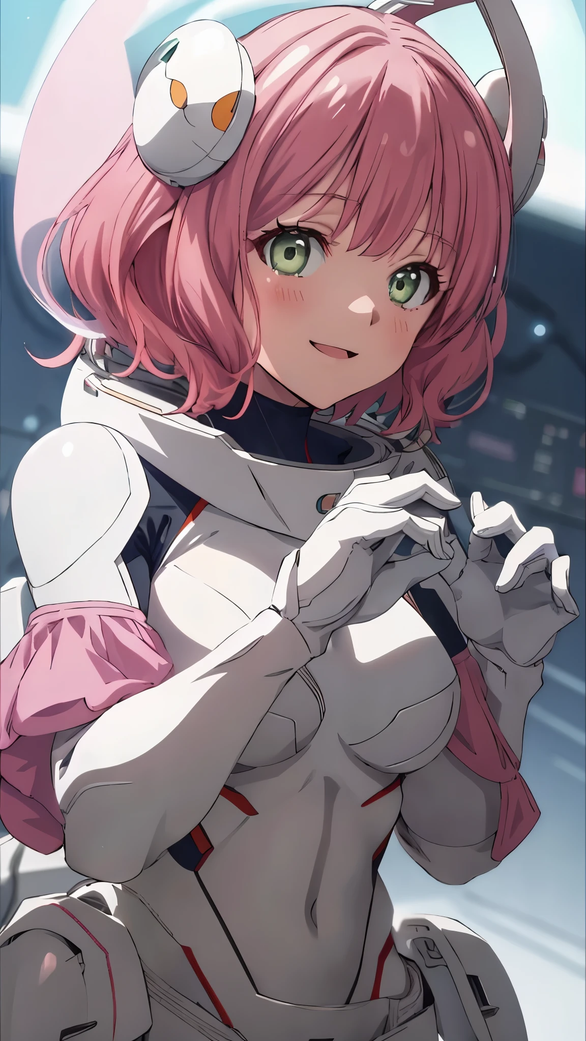 upper body,Aries,pink hair,short hair,wavy hair,hair bobbles,light green eyes,smile,open mouth,(white plugsuit),void of spacemasterpiece,Noise Reduction,perfect anatomy,high resolution, ultra-detailed,game cg,dutch angle ,beautiful detailed eyes,visualart,five fingers, perfect hands, perfect lighting,