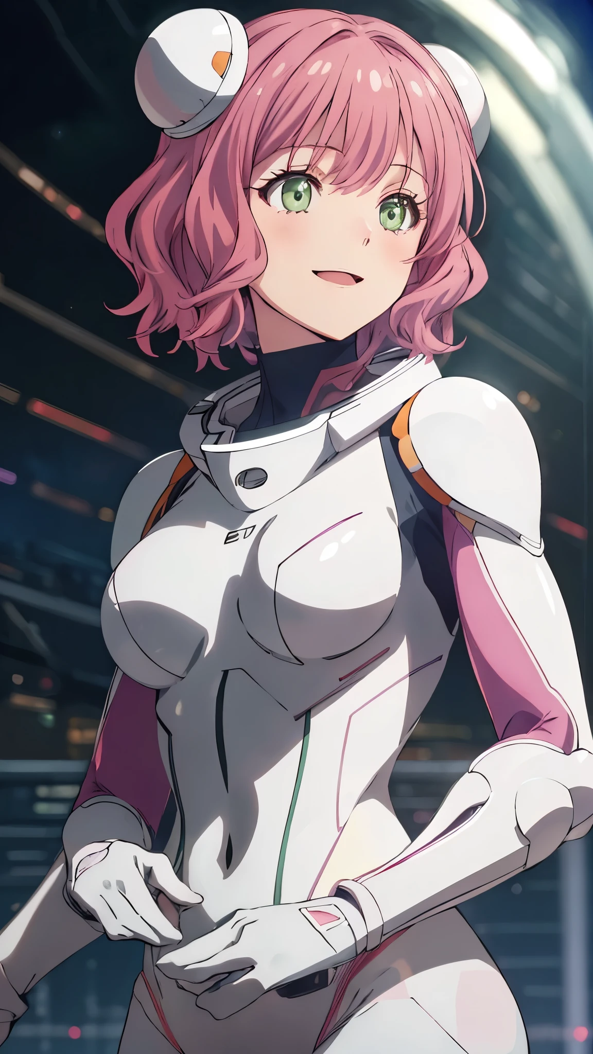 upper body,Aries,pink hair,short hair,wavy hair,hair bobbles,light green eyes,smile,open mouth,(white plugsuit),void of spacemasterpiece,Noise Reduction,perfect anatomy,high resolution, ultra-detailed,game cg,dutch angle ,beautiful detailed eyes,visualart,five fingers, perfect hands, perfect lighting,