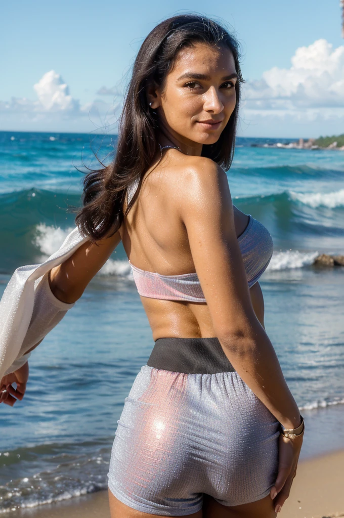 ((melhor qualidade)), (Foto CRU:1.2),(fotorrealista:1.4),(obra de arte:1.3),(melhor qualidade:1.4),ultra high resolution, hdr,8k resolution, sonhe como, Check the comment,Request for comment,scenario,((paradise beach), foco apenas, (olhos detalhados),(detailed facial features), (detailed characteristics of clothes), pele firme, (pele brilhante),(delgado),(magro),(rosto espetacular), 1 mulher, jovem, franja,cabelo liso e preto, olhos cinza-claro,ear studs, roupa de praia e justa no corpo, maquiagem estilo praia, series, olhar doce, linda, seios grandes, bunda grande, cintura fina, pele branca, Look directly into the camera, pose standing on your back showing your ass, looking back. Com um semblante sensual no rosto