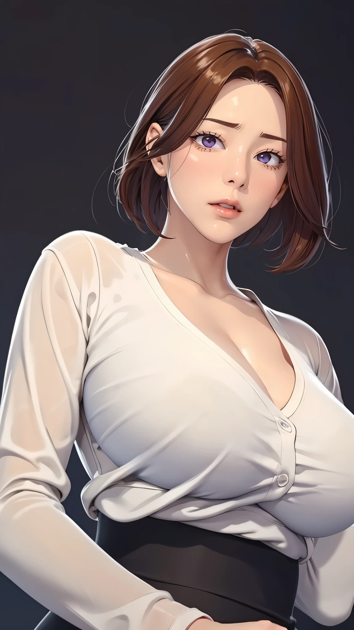 （（（完美figure，figure，solo， White and tender skin，（（（Cyberpunk，Black dress，White cardigan sweater, ））），（（（junescdef,brown hair,purple eyes,medium hair，））），((masterpiece)),high resolution, ((Best quality at best))，masterpiece，quality，Best quality，（（（ Exquisite facial features，Looking at the audience,There is light in the eyes，(（（lol，Happy，））），））），（（（Light and shadow，Huge breasts））），（（（Looking at the camera，black background，Lying on the ground，Look down at the camera，From below，Looking up)）））