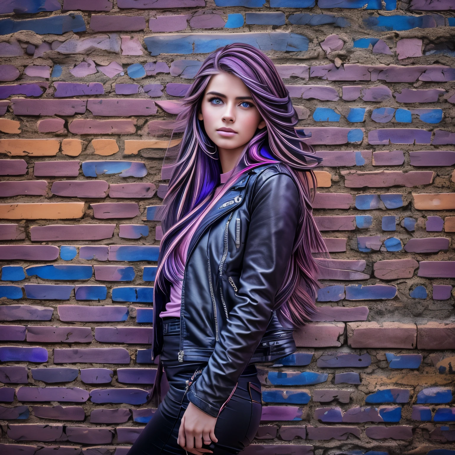 gritty raw photo of {beautiful young woman, 20 years old,long brown hair with colorful (violet, pink and blue) streaks, bright gray eyes},[wearing a stylish black leather jacket over a striped top, leaning against a brick wall with a thoughtful expression] [[standing in front of a colorful mural in the city]] fully covered, hyperrealism, 8K UHD, realistic skin texture, flawed skin, shot with Canon EOS 5D Mark IV, highly detailed, masterpiece, 