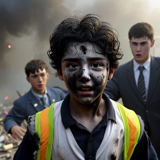 Close-up of a boy actor coming out of a classroom covered in soot after a bomb explodes during the filming of a comedy movie