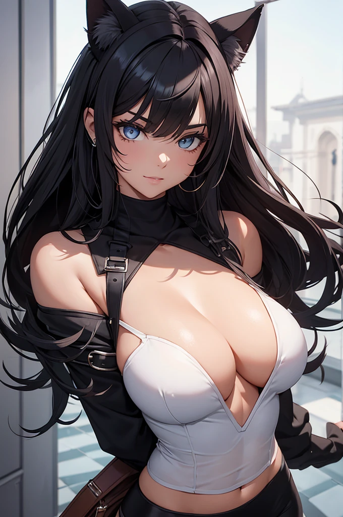 beautiful young warrior with cat ears on her head, com rosto bem detalhado e bonito, belos olhos, belos olhos, rosto lindo, mulher jovem e bonita vestindo leggings longas marrons com detalhes pretos, sueter apertado branco, parado em um castelo, usando bota preta, cabelo comprido com franja preto, ,orelhas de gato, belo sorriso, moleca, um pouco musculosa,suter branco com cinta em volta, olhar serio,usando jaqueta de couro apertado preto, com ombreiras de prata nos ombros