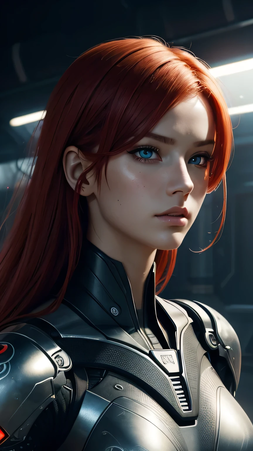 cyborg girl, smooth beautiful eyes, battle field, close look, red hair, masterpiece, realistic digital, abstract background, global illumination, intricate, epic, dramatic, masterpiece, high detail, best quality, ultra high res