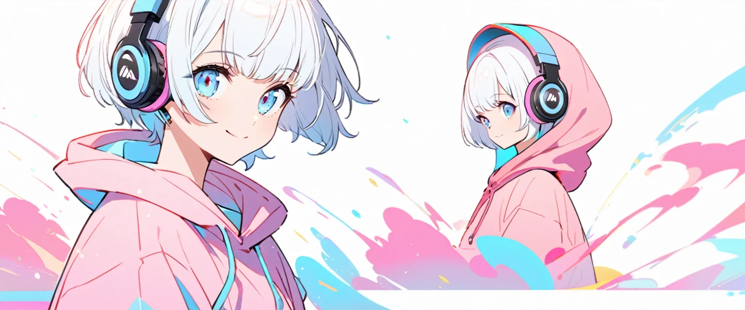 A beautiful, extremely detailed and dynamic girl with large blue eyes, a sweet smile, and silver pixie cut hair, wearing an oversized pink hoodie with the hood up and headphones, standing against a simple, plain white background with thick outlines, full body portrait, facing forward