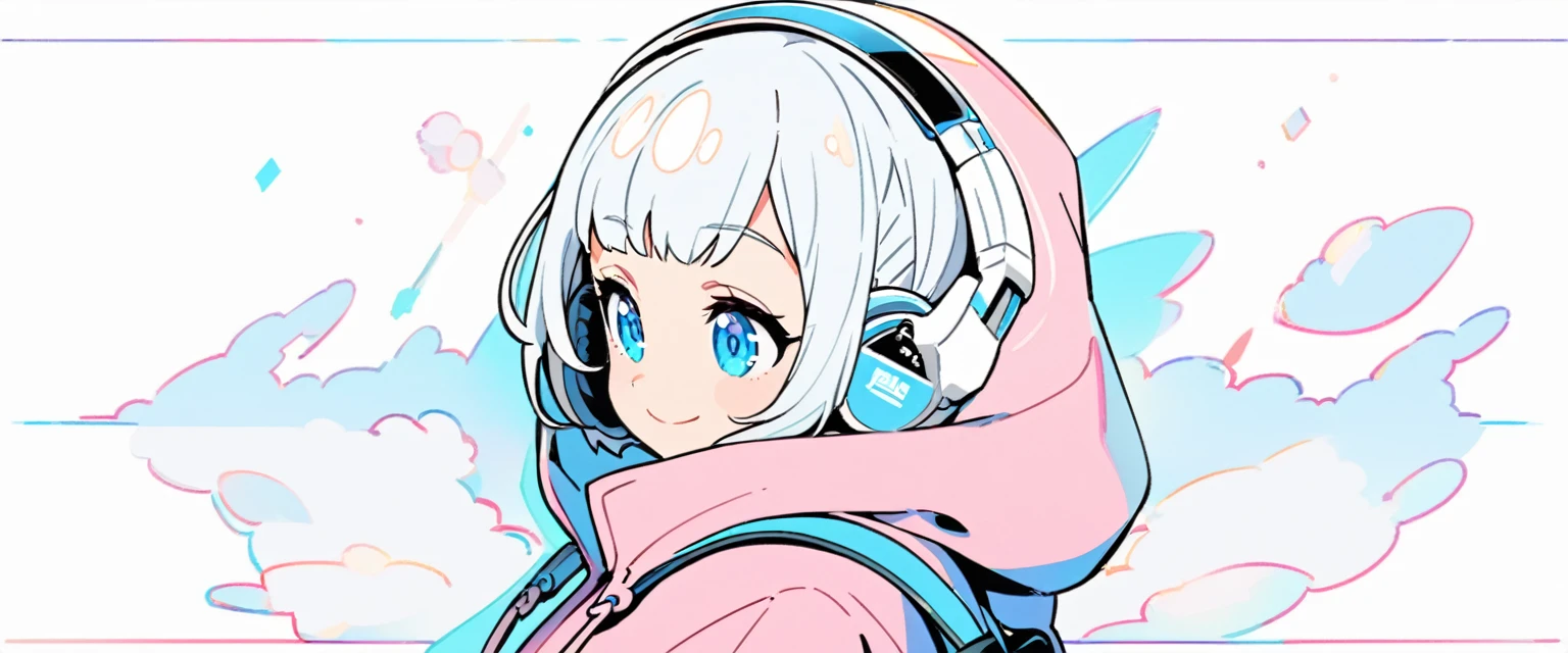 A beautiful, extremely detailed and dynamic girl with large blue eyes, a sweet smile, and silver pixie cut hair, wearing an oversized pink hoodie with the hood up and headphones, standing against a simple, plain white background with thick outlines, full body portrait, facing forward