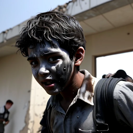 A boy actor is caught in an explosion during the filming of a comedy movie and is left covered in soot and in tatters.