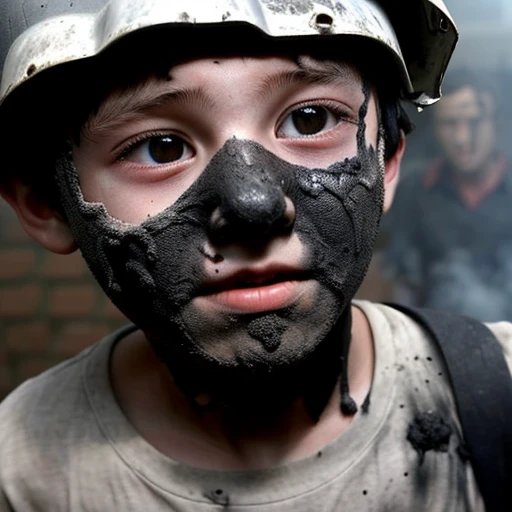 Close-up of a boy coming out of a classroom covered in soot after a chemical explosion during the filming of a comedy movie