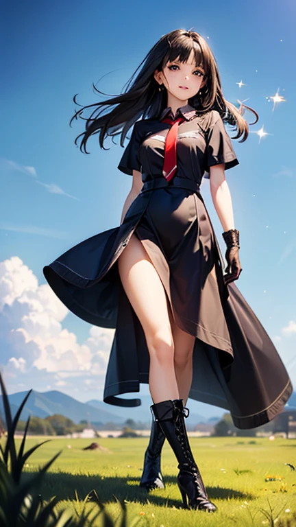 A girl is posing for a photo, cute女の子, Enchanting girl, Anime Girls, 
(((One Girl, Baby Face, cute, 16 years old))), 

(smile), 
(noon、(A garrison in the sunlight、grass)), ((Walking、Full Body))
BREAK 

(Black Hair、Hair blowing in the wind、Hair bouncing outside、Berry Shortcut), (black eye, Very droopy eyes), BREAK 

(((m1l1t4ry, Red tie, Black long gloves, Black Dress, High heel boots, hunting)))、Earrings、
BREAK 

(Symmetrical facial features, Perfect Face), (Beautiful breasts, (Ｃcup)), 
Beautiful body, Beautiful clavicle, Beautiful thighs, Beautiful feet, Perfect round butt, (Beautiful fingers), (((Detailed skin, Oily skin, Textured skin, Beautiful Skin))), 

Double eyelids, Long eyelashes, 
(Expression of fine eyes, Beautiful and delicate eyes, Sparkling eyes, Eye Reflexes), 
(Beautiful Nose,Thin Nose), 
(Glossy Lips, Beautiful Lips, thick lips), 
(Beautiful Hair, Shiny Hair, Shiny Hair)), 
BREAK 

(((highest quality)), ((masterpiece)), (Very detailed), (High resolution), (Beautiful detailed sparkle), (High detail), (Anatomically correct)), ((Realistic)), 
(The best CG), Ultra-detailed art, CG illustration, (16k, 1080P), Oil paints, 
