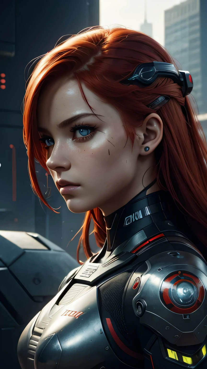 cyborg girl, smooth beautiful eyes, battle field, close look, red hair, masterpiece, realistic digital, abstract background, global illumination, intricate, epic, dramatic, masterpiece, high detail, best quality, ultra high res