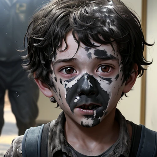 A boy covered in soot gets caught in an explosion during a comedy-drama explosion scene