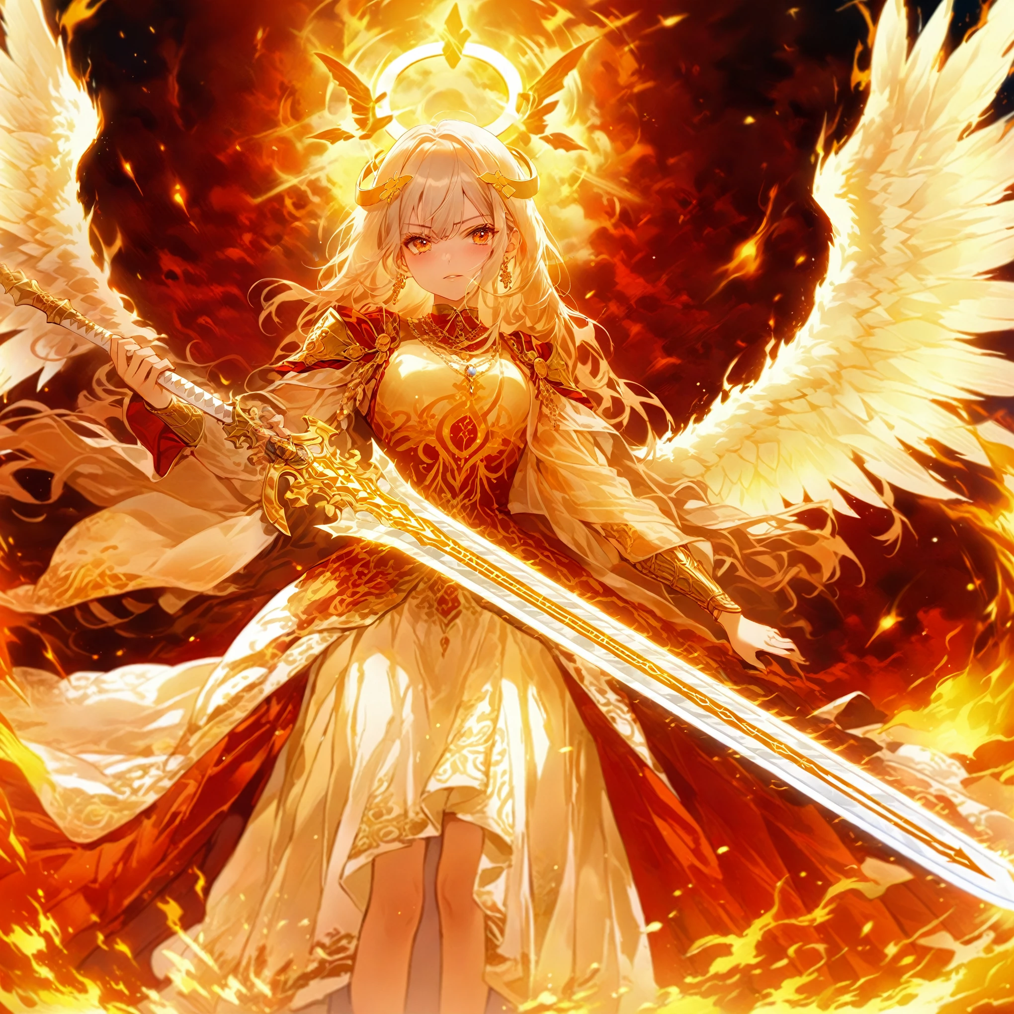 score_9, score_8_up, score_7_up, source_anime,masterpiece, best quality, high resolution, extremely detailed CG, absurdres, 1girl, A majestic angel girl stands by her six fiery wings spread wide behind her. She wears intricately detailed armor that glistens in the warm, golden light of a mystical landscape. Her dominant hand grasps the hilt of a gleaming sword, its blade etched with ancient runes. In a sweeping shot, emphasizing her regal presence and fiery aura, sworw of fire, red_sword, white_hair, long hair, fire arounded, ((halo)), ((6 wings)), glaring, ((burning heaven,burning clouds)),fire element