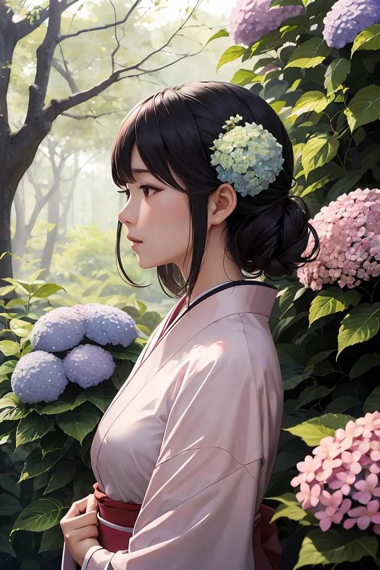 masterpiece ,highest quality, delicateな髪の美しい女性, Flowers, forest, June,hydrangea,profile,Fleeting,beauty,delicate,Cinematic,Japanese women,profile,mature,Shiny woman,Downward Angle,Pink kimono