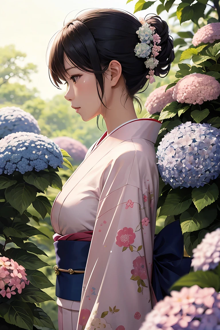 masterpiece ,highest quality, delicateな髪の美しい女性, Flowers, forest, June,hydrangea,profile,Fleeting,beauty,delicate,Cinematic,Japanese women,profile,mature,Shiny woman,Downward Angle,Pink kimono