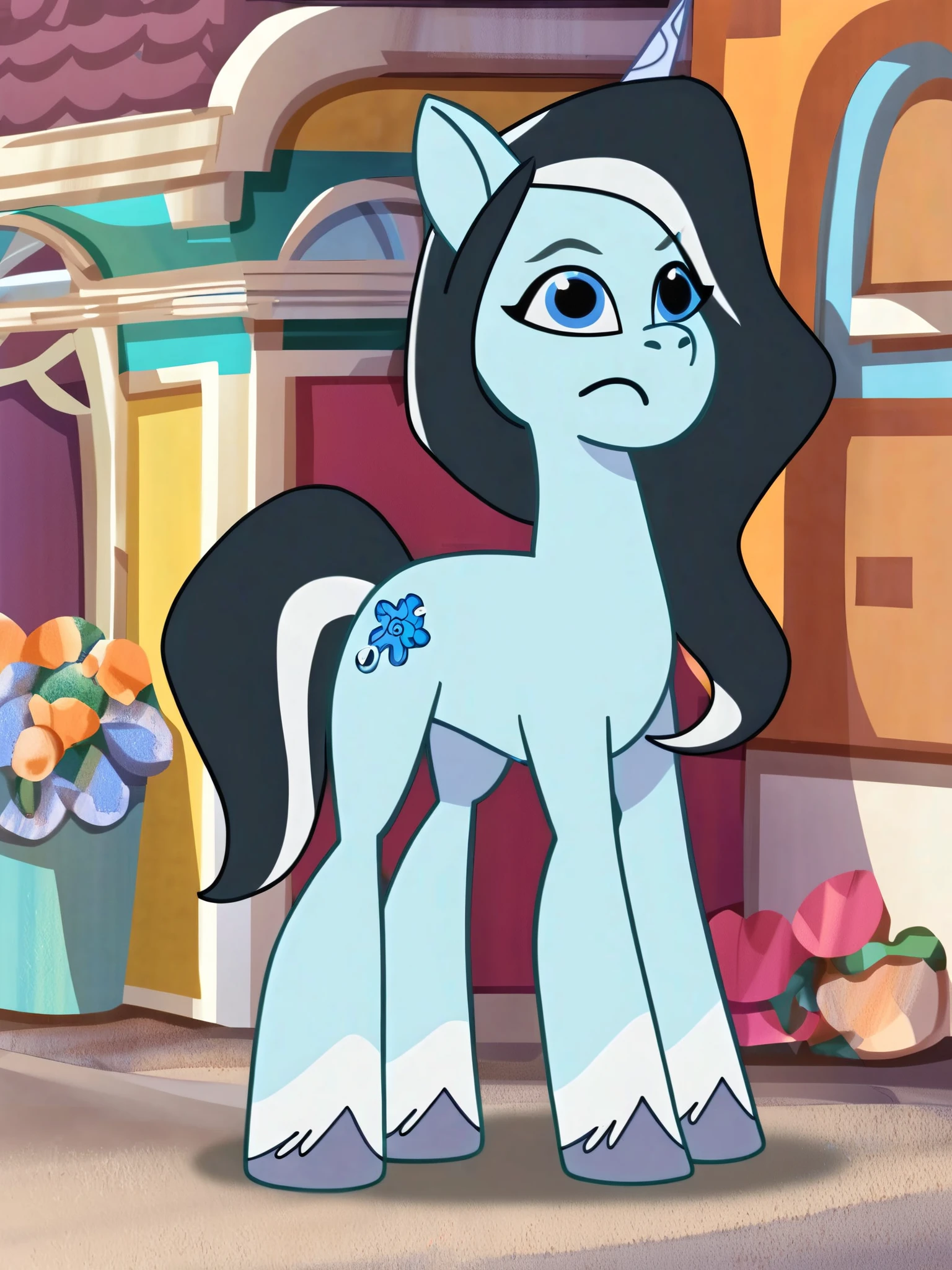 Julie, a female unicorn pony with white skin, long black hair with white highlights, light blue eyes and a cutie mark of two light blue flowers. She's from My Little Pony Tell Your Tale style 