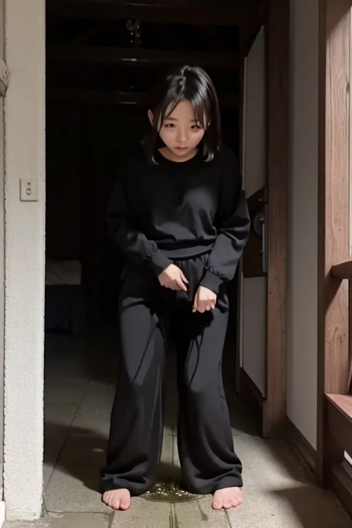 Japanese Girl sees the ghost and pees her black palazzo pants until her pants are wet in fright.
