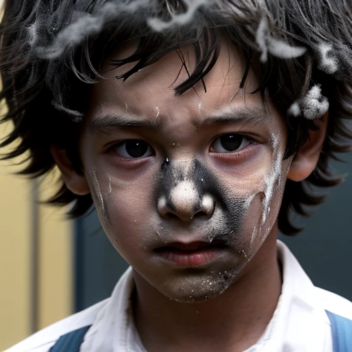 Close-up of a boy coming out of a classroom covered in soot after a gas explosion during the filming of a comedy movie