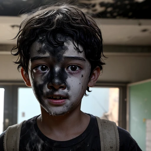 Close-up of a boy coming out of a classroom covered in soot after a gas explosion during the filming of a comedy movie
