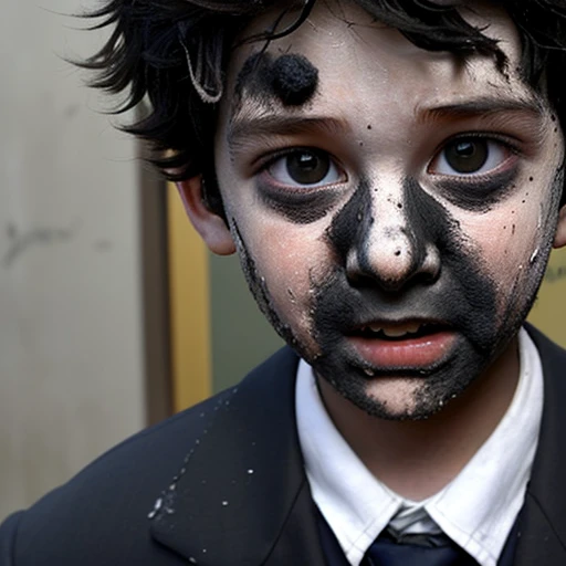 Close-up of a boy coming out of a classroom covered in soot after a gas explosion during the filming of a comedy movie