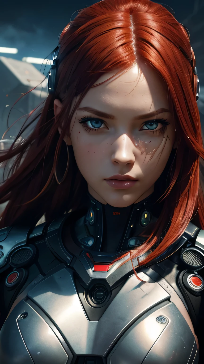 cyborg girl, smooth beautiful eyes, battle field, close look, red hair, masterpiece, realistic digital, abstract background, global illumination, intricate, epic, dramatic, masterpiece, high detail, best quality, ultra high res