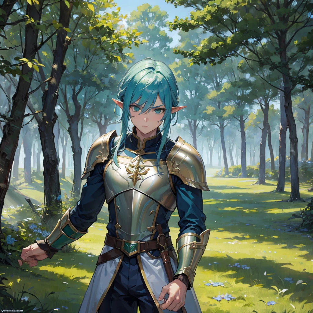 A soldier man High-elf paladin, Gold full-plate armor, Green eyes, blue hair colour, green forest and world tree in background,8k, masterpiece, best quality, highly detailed, one man, High-elf, solo, wearing necklace, gorgeous, friendly, Serious face, close ups view, wearing rings, looking at straight, alone, handsome, strong, wearing long sword and shield,