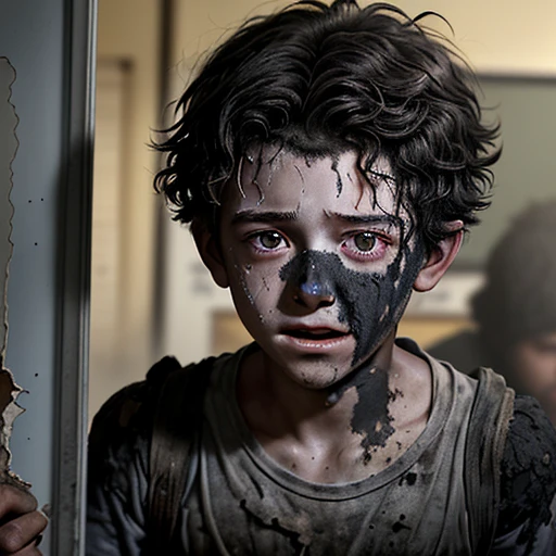 Close-up of a boy actor coming out of a classroom covered in soot and in rags after a gunpowder explosion during the filming of a comedy movie