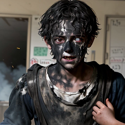 A boy is left in tatters and covered in soot after a bomb he received in a comedy movie explodes.