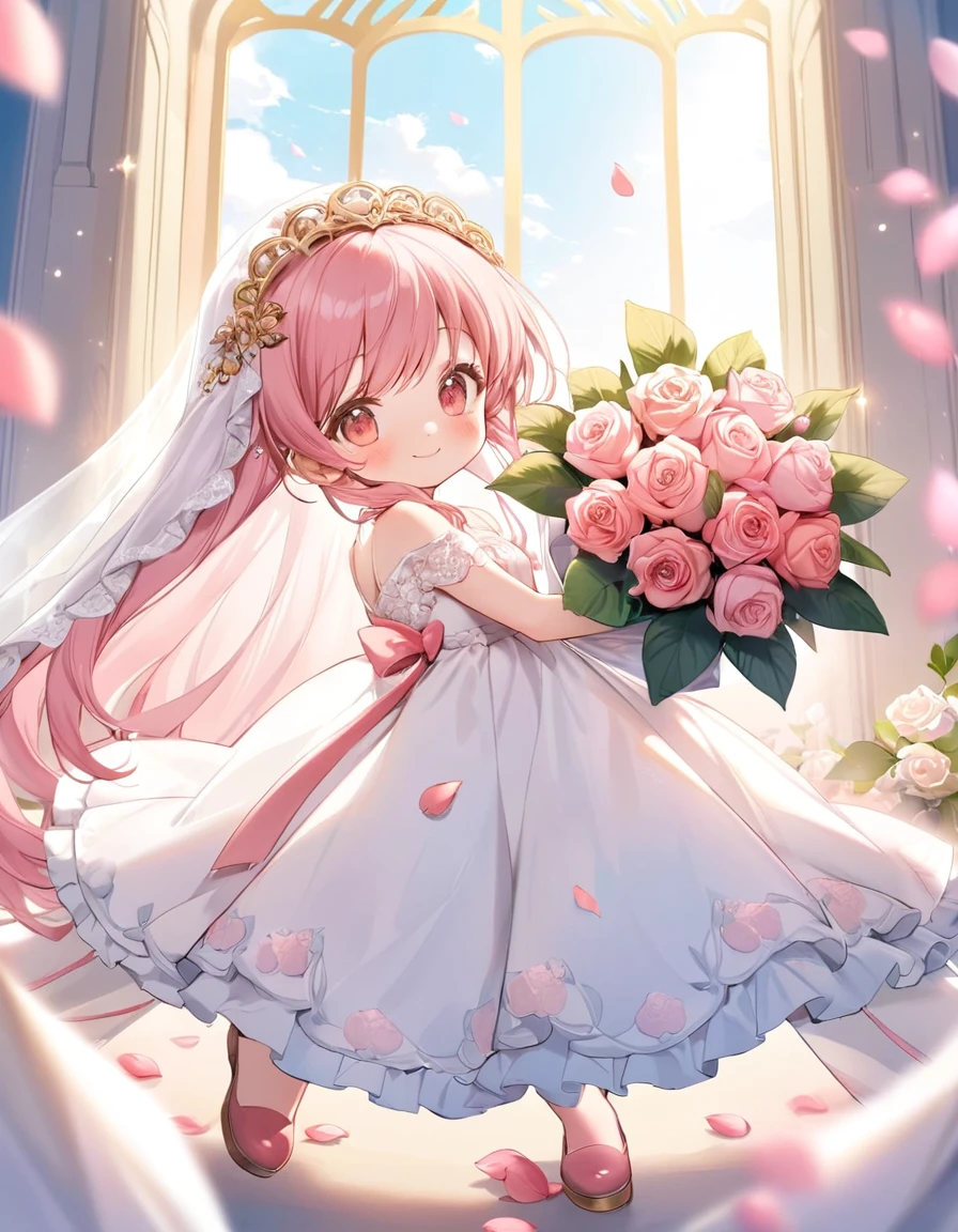 close up face, kawaii, renaissance, On the morning of the wedding, filled with cherry blossom light, the bride holds a bouquet of pink roses, stepping forward gracefully. Her dress is a pale pink, soft like the petals of a rose, adorned with delicate lace. Those around her marvel at her beauty, and petals flutter down as she passes. On this day brimming with love and happiness, the bride shines lovely and strong, like a pink rose. smile, vivid colors, light and shadow, religious or mythological themes, cute, adorable, brightly colored, cheerful, anime influence, highly detailed,
