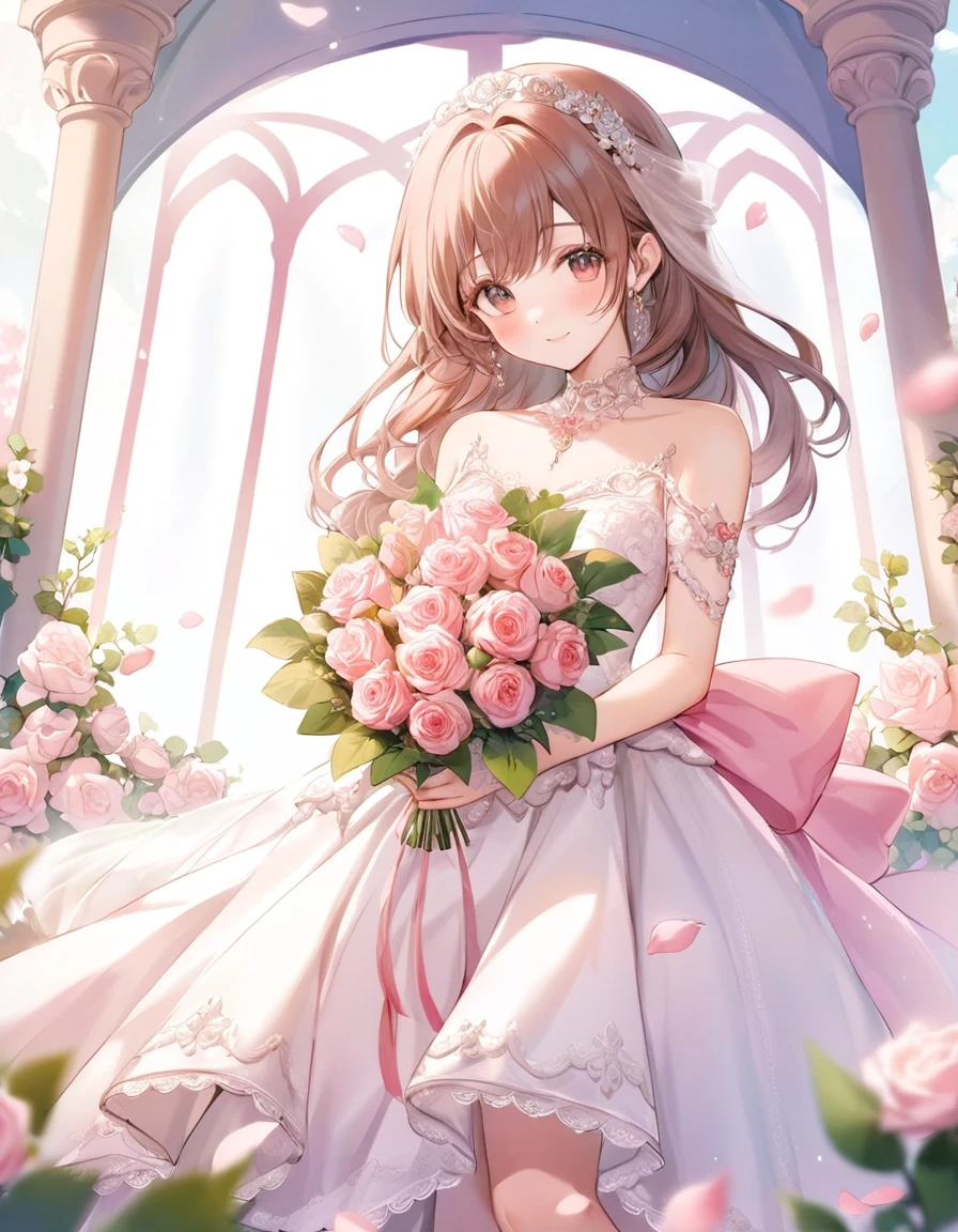 close up face, kawaii, renaissance, On the morning of the wedding, filled with cherry blossom light, the bride holds a bouquet of pink roses, stepping forward gracefully. Her dress is a pale pink, soft like the petals of a rose, adorned with delicate lace. Those around her marvel at her beauty, and petals flutter down as she passes. On this day brimming with love and happiness, the bride shines lovely and strong, like a pink rose. smile, vivid colors, light and shadow, religious or mythological themes, cute, adorable, brightly colored, cheerful, anime influence, highly detailed,