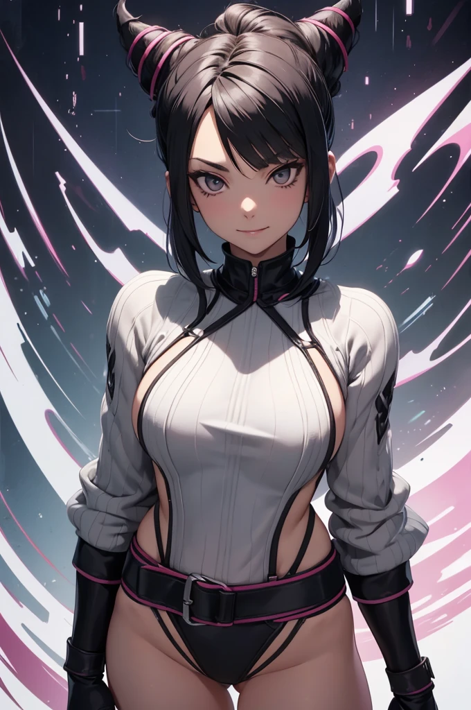 evil smile solo, masterpiece, best quality, agrias, grey sweater, black leotard, standing, looking at viewer, short hair,oculos,evil smile, evil look, juri han,luvas preta,roupa azul,yandere rosto,low lighting,coxa sarada copo detalhado,olhando para frente