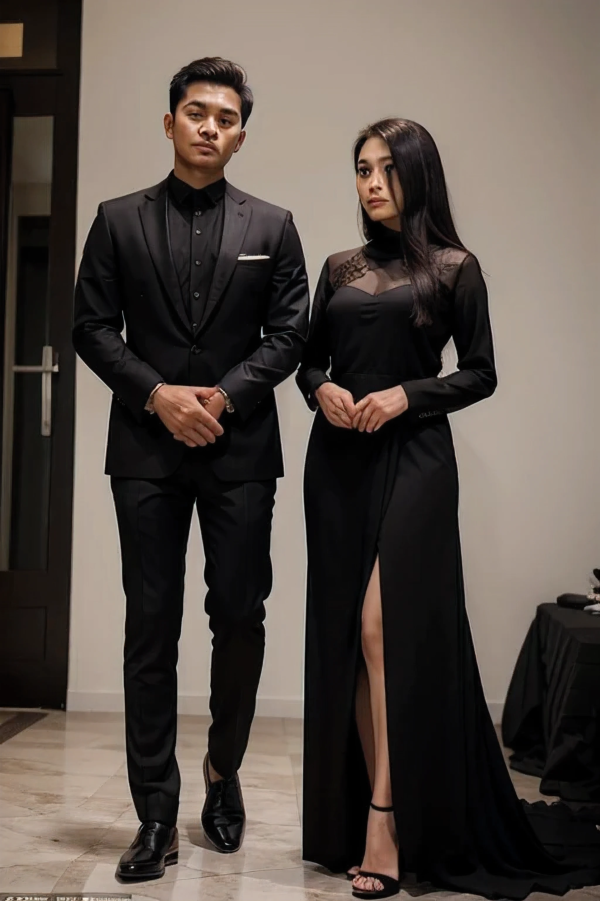 a handsome Indonesian young man aged 27 years wearing a black suit. together with a beautiful woman from Indonesia