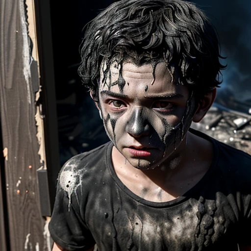 Close-up of a boy actor coming out of his home covered in soot after a gunpowder explosion during the filming of a comedy movie