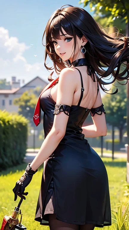 A girl is posing for a photo, cute女の子, Enchanting girl, Anime Girls, 
(((One Girl, Baby Face, cute, 16 years old))), 

(smile), 
(noon、(A garrison in the sunlight、grass)), ((Walking、Cowboy Shot))
BREAK 

(Black Hair、Hair blowing in the wind、Curly Hair、Long Hair), (black eye, Very droopy eyes), BREAK 

(((m1l1t4ry, Red tie, Black long gloves, Black Dress, High heel boots, hunting)))、Earrings、
BREAK 

(Symmetrical facial features, Perfect Face), (Beautiful breasts, (Ｃcup)), 
Beautiful body, Beautiful clavicle, Beautiful thighs, Beautiful feet, Perfect round butt, (Beautiful fingers), (((Detailed skin, Oily skin, Textured skin, Beautiful Skin))), 

Double eyelids, Long eyelashes, 
(Expression of fine eyes, Beautiful and delicate eyes, Sparkling eyes, Eye Reflexes), 
(Beautiful Nose,Thin Nose), 
(Glossy Lips, Beautiful Lips, thick lips), 
(Beautiful Hair, Shiny Hair, Shiny Hair)), 
BREAK 

(((highest quality)), ((masterpiece)), (Very detailed), (High resolution), (Beautiful detailed sparkle), (High detail), (Anatomically correct)), ((Realistic)), 
(The best CG), Ultra-detailed art, CG illustration, (16k, 1080P), Oil paints, 
