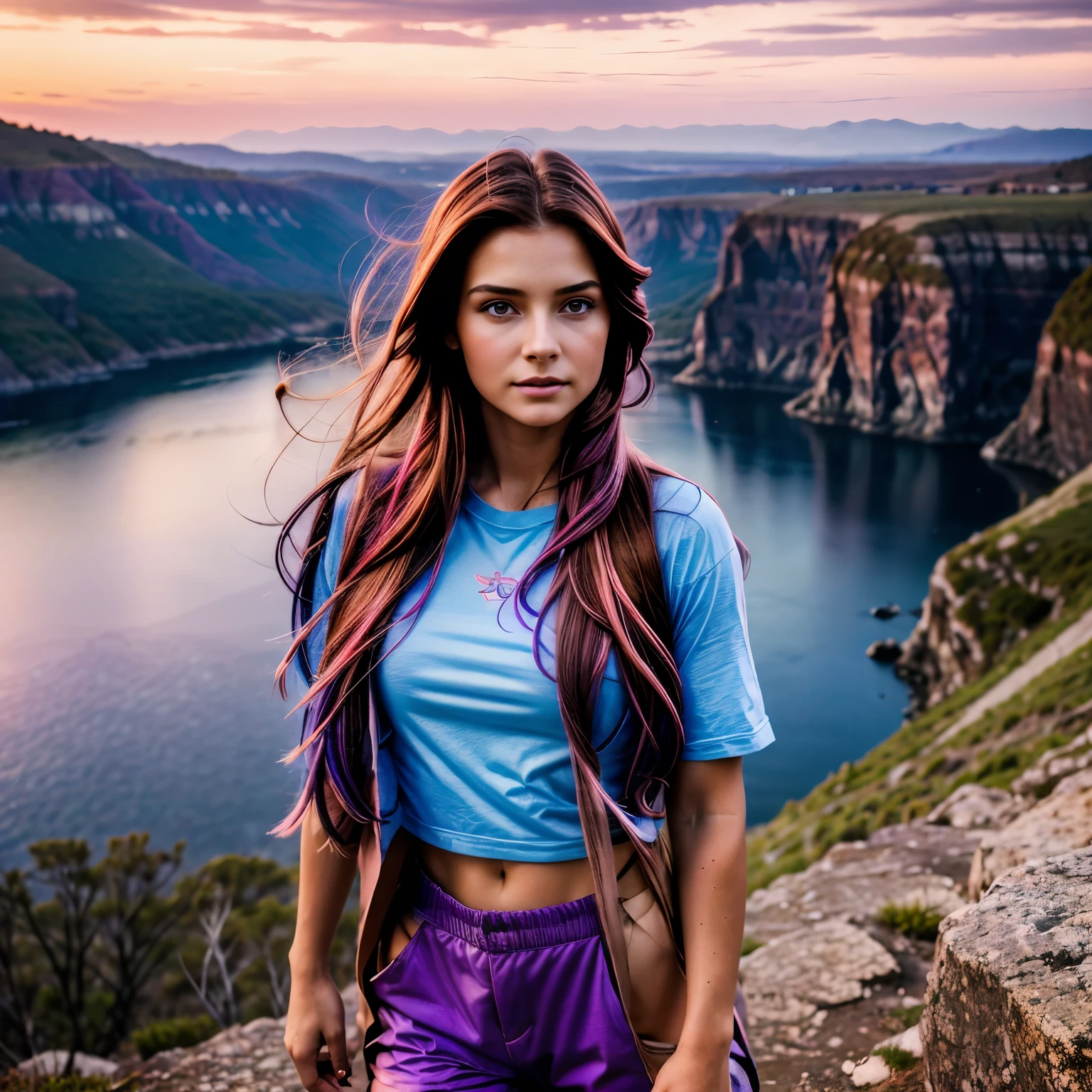 gritty raw photo of {beautiful young woman, 20 years old, long brown hair with colorful (violet, pink and blue) streaks, bright gray eyes}, [[standing at the edge of a rocky cliff, wearing a rugged adventure outfit with hiking boots]], [[wind blowing through her hair, sunset casting a warm glow, looking determinedly into the distance, untouched natural landscape]], fully covered, hyperrealism, 8K UHD, realistic skin texture, flawed skin, shot with Canon EOS 5D Mark IV, highly detailed, masterpiece
