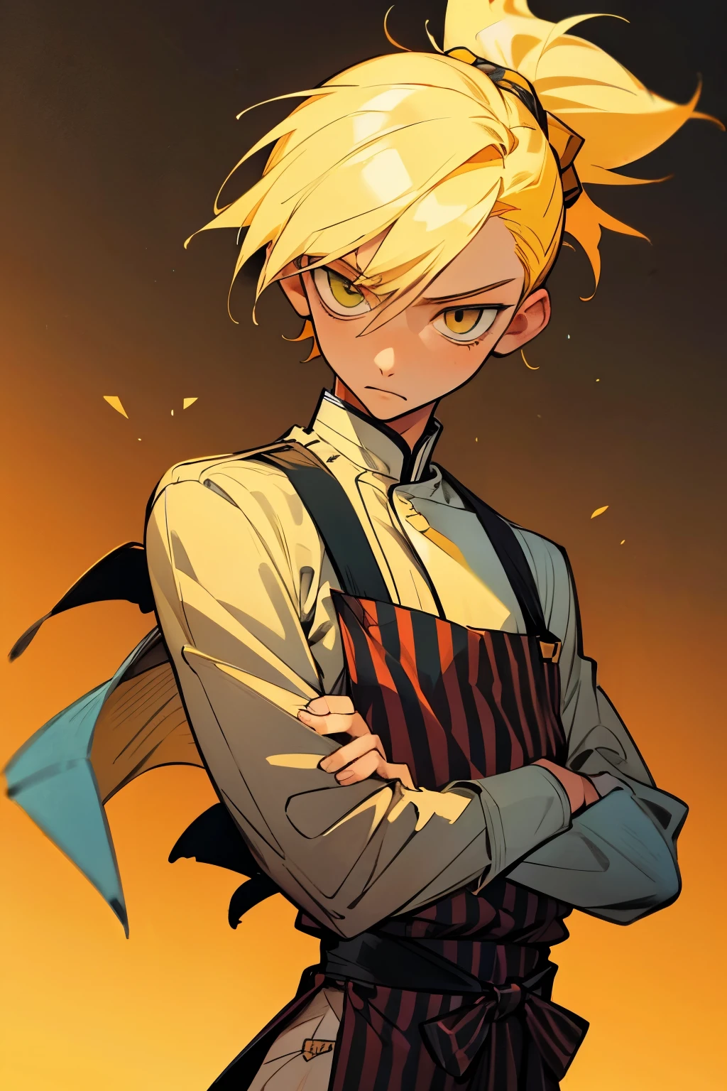 1kpop boy, slim body,fade cuted side yellow hair(hunter style), wears chef clothes yellow stripe upper, more sexier